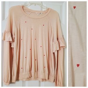Sundry Pima Cotton Long Sleeve Shirt With Hearts Ruffles Size S
